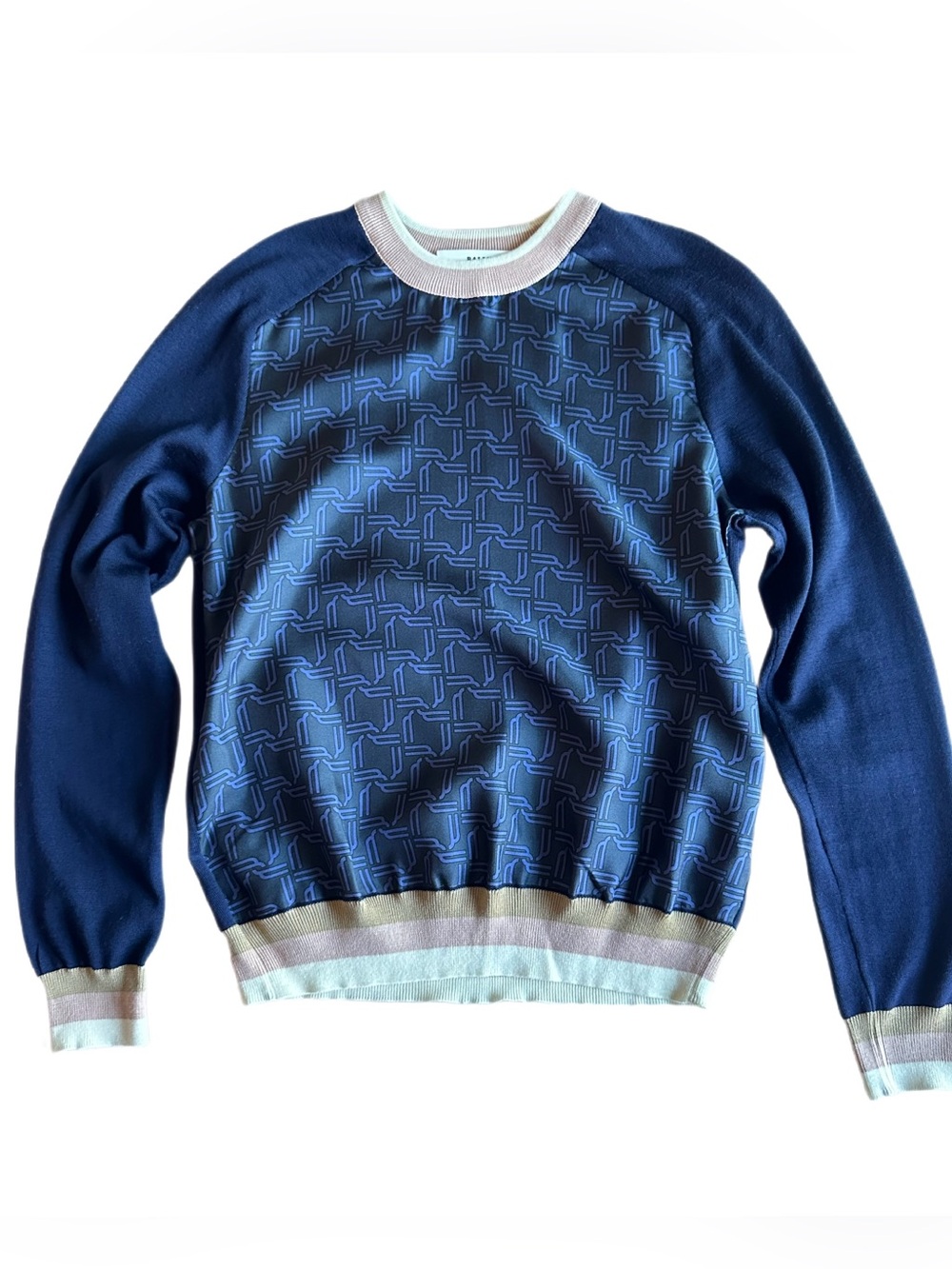 Bally B-Chain Jacquard Crewneck Sweater Navy Blue Size S